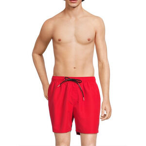 Karl Lagerfeld Paris Men Logo Tape Drawstring 5" Swim Trunks Red Size S